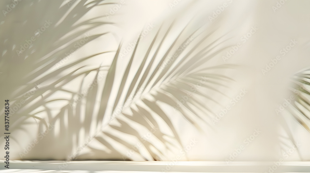 Obraz premium Blurred shadow from palm leaves on light cream wall. Minimalistic beautiful summer spring background for product presentation.