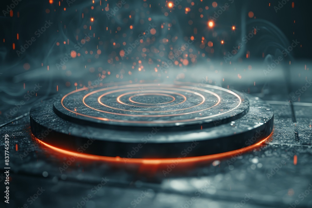 Glowing concentric circles on a futuristic platform with sparkling particles and smoky atmosphere, exuding a high-tech and mysterious vibe. Glowing concentric circles on a futuristic platform with sparkling particles and smoky atmosphere, exuding a high-tech and mysterious vibe.