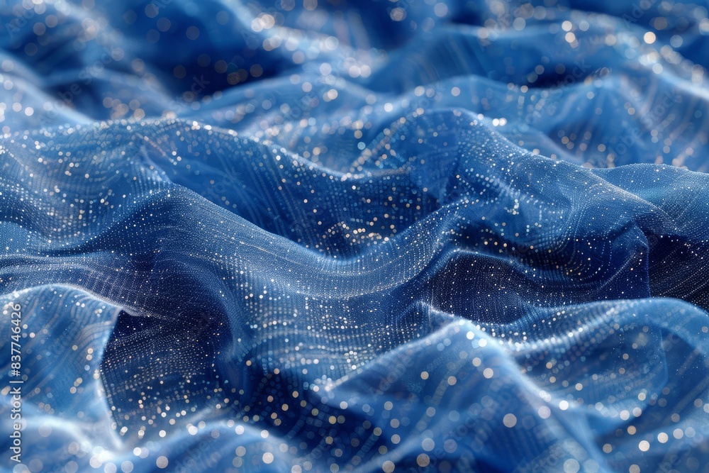 Abstract representation of flowing blue fabric with sparkling particles, creating a dreamy and magical atmosphere. Abstract representation of flowing blue fabric with sparkling particles, creating a dreamy and magical atmosphere.