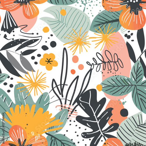 Colorful tropical botanical pattern featuring various plants, flowers, leaves, abstract shapes. Modern abstract floral design mix geometric elements nature motifs. Playful vibrant print suitable