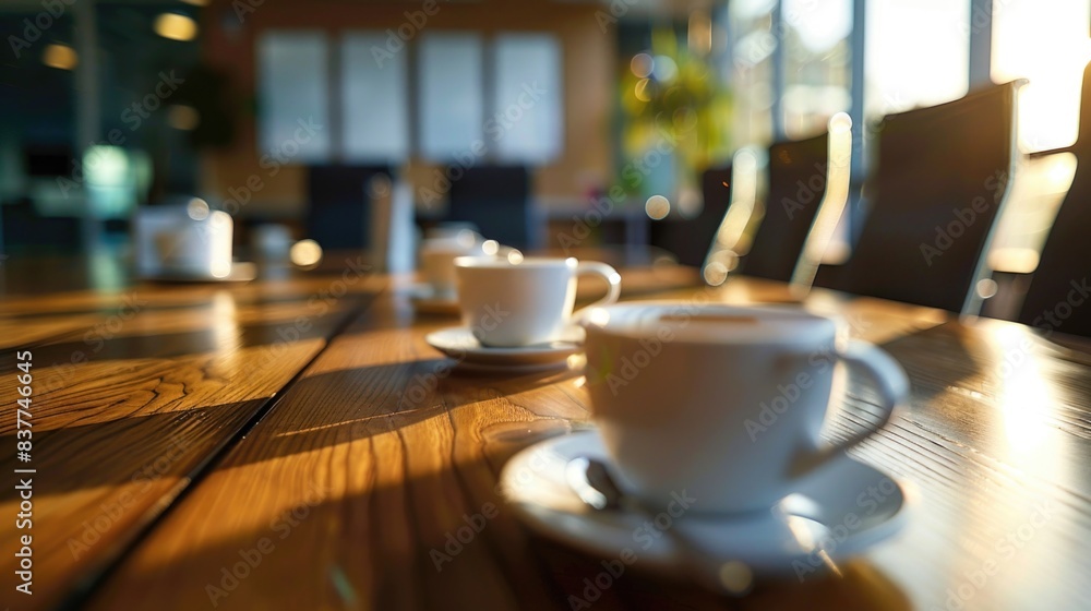 Coffee break at meeting. Office meeting with coffee cups on table. Business and entrepreneurship. Coffee break at meeting. Office meeting with coffee cups on table. Business and entrepreneurship.