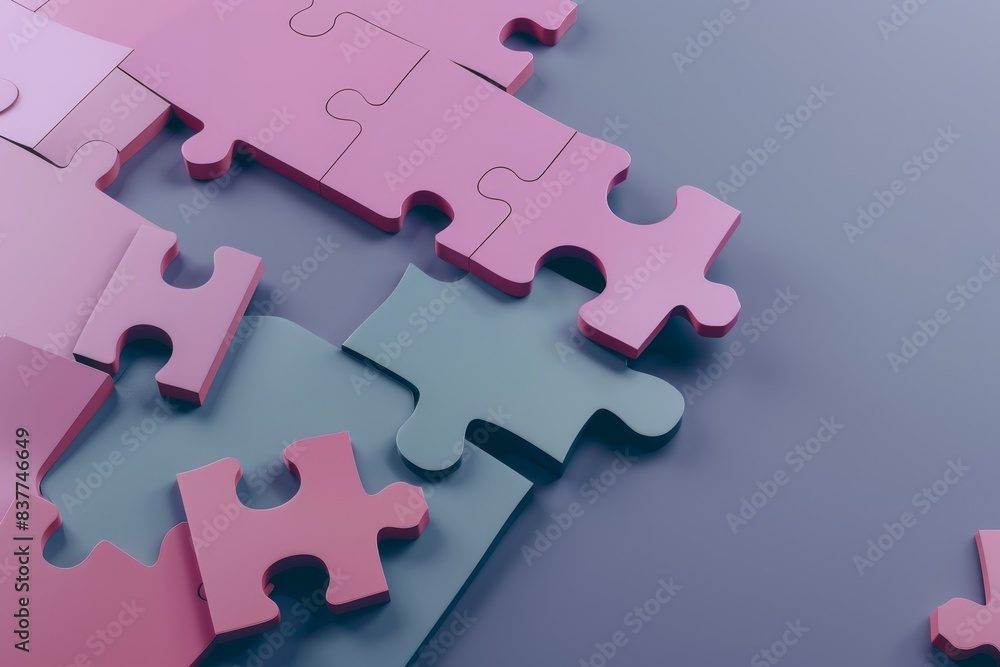 Fototapeta premium Close-up of pastel-colored jigsaw puzzle pieces, symbolizing problem-solving, teamwork, and connection in soft pink and blue hues.
