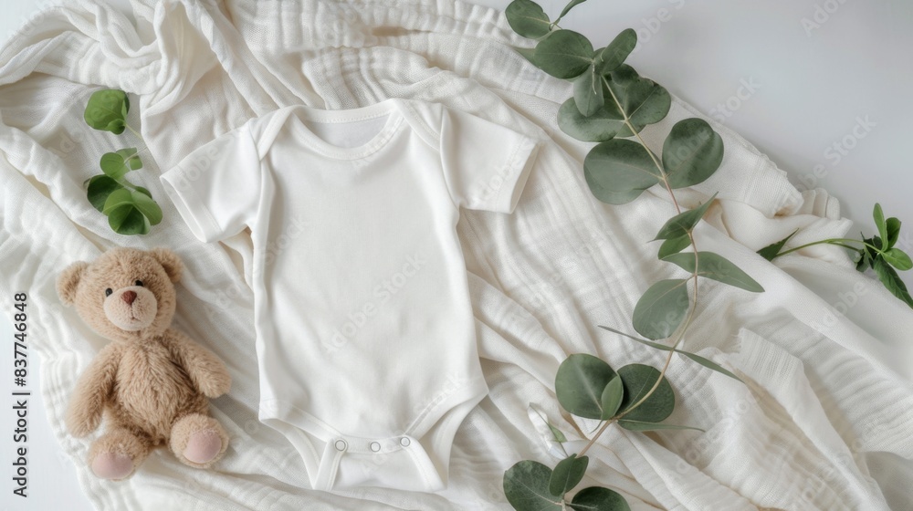 Flat lay composition of baby onesie, teddy bear, and eucalyptus leaves on a white blanket. Flat lay composition of baby onesie, teddy bear, and eucalyptus leaves on a white blanket.
