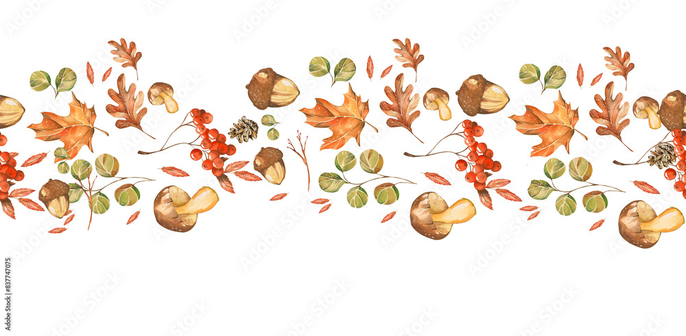 custom made wallpaper toronto digitalSeamless Banner Autumn Bright Leaves, Acorns, Twigs, Flowers. Watercolor Illustration. White Background. For Home Textiles, Wallpaper, Packaging, Website Design, Blogs, Postcards