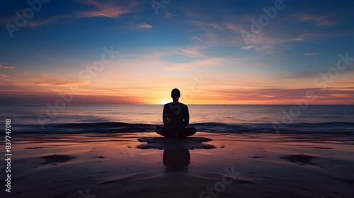 Serene Silhouette of a Person Meditating at Dusk by the Ocean