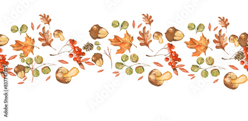 Wallpaper Mural Seamless Banner Autumn Bright Leaves, Acorns, Twigs, Flowers. Watercolor Illustration. White Background. For Home Textiles, Wallpaper, Packaging, Website Design, Blogs, Postcards Torontodigital.ca