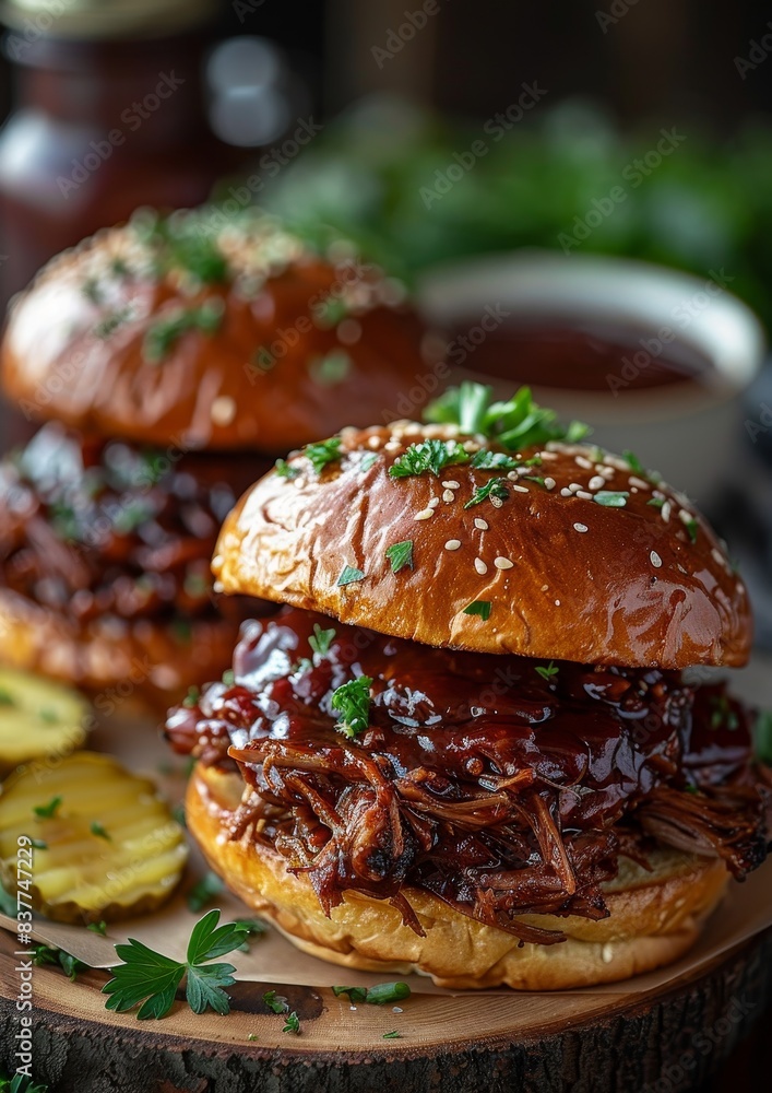 Pulled Pork Sandwich - Pulled pork in a soft bun with BBQ sauce and pickles. Pulled Pork Sandwich - Pulled pork in a soft bun with BBQ sauce and pickles.