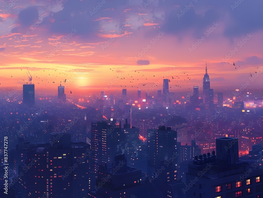 Obraz premium Rooftop View of Glowing Cityscape During Dramatic Sunset