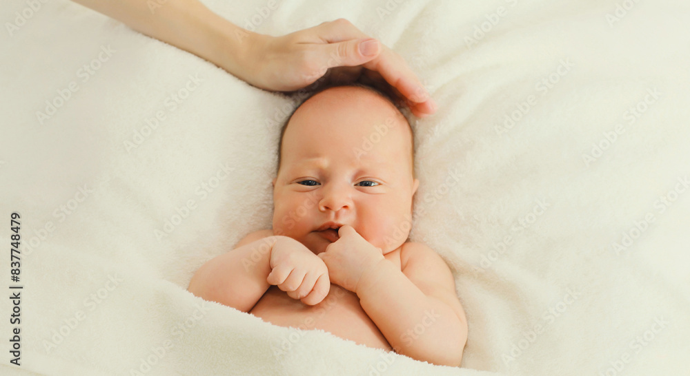 Mother hand stroking infant sweet, baby sleeping lying on bed at home Mother hand stroking infant sweet, baby sleeping lying on bed at home