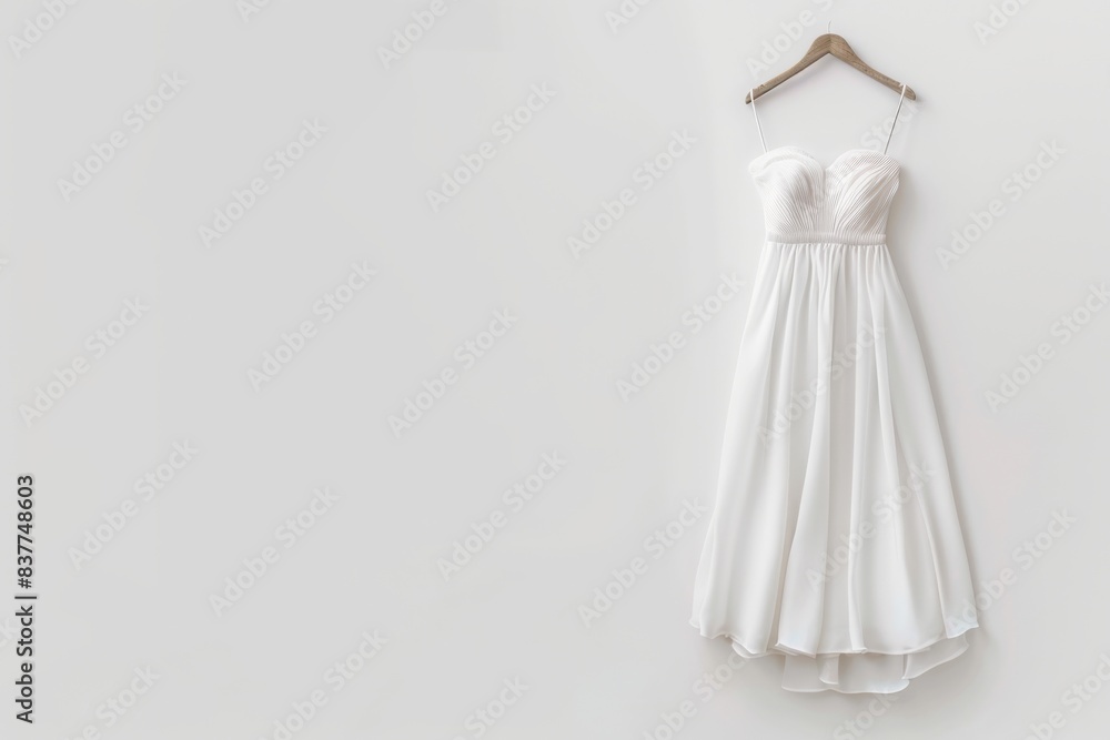Elegant White Cocktail Dress Hanging on Minimalist Background for Fashion Display Elegant White Cocktail Dress Hanging on Minimalist Background for Fashion Display
