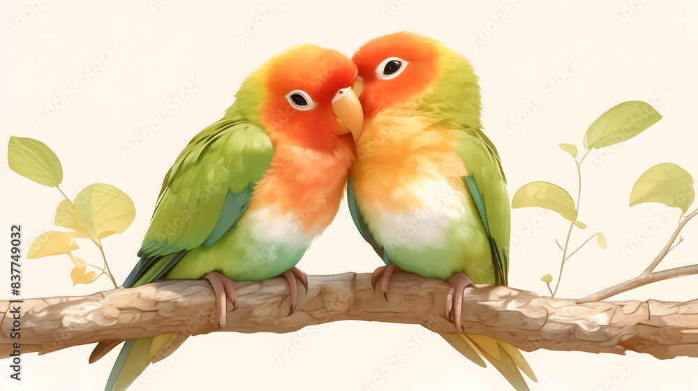 Obraz premium Pair of lovebirds agapornis-fischeri. beautiful green lovebirds on a white background. Valentine's Day card, wedding invitation