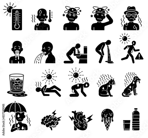 Heat stroke symptoms symbol icons set
