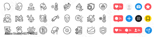 Food, Medical flight and Low thermometer line icons pack. Social media icons. Vegetable, Medical mask, Night cream web icon. Face accepted, Stress, Overeating pills pictogram. Vector