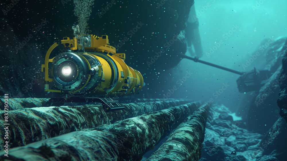 ROV inspecting underwater pipeline in a deep-sea environment. Stock ...