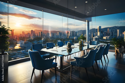 High level meeting of executive room is decorated with stylish table and chairs around. On high rise building, city view with bright sky clouds. Conference room beautiful with sunset light in evening.