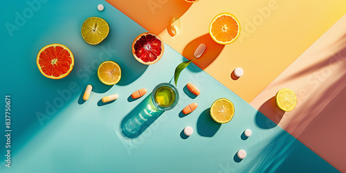 Vitamin Tabletten und frisches Obst auf dem Tisch. Bunter Hintergrund. Healthcare Produkte.
