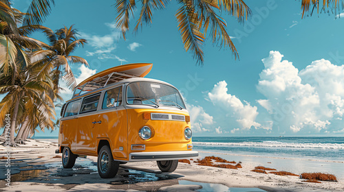 Travel by vintage bus on the beach.