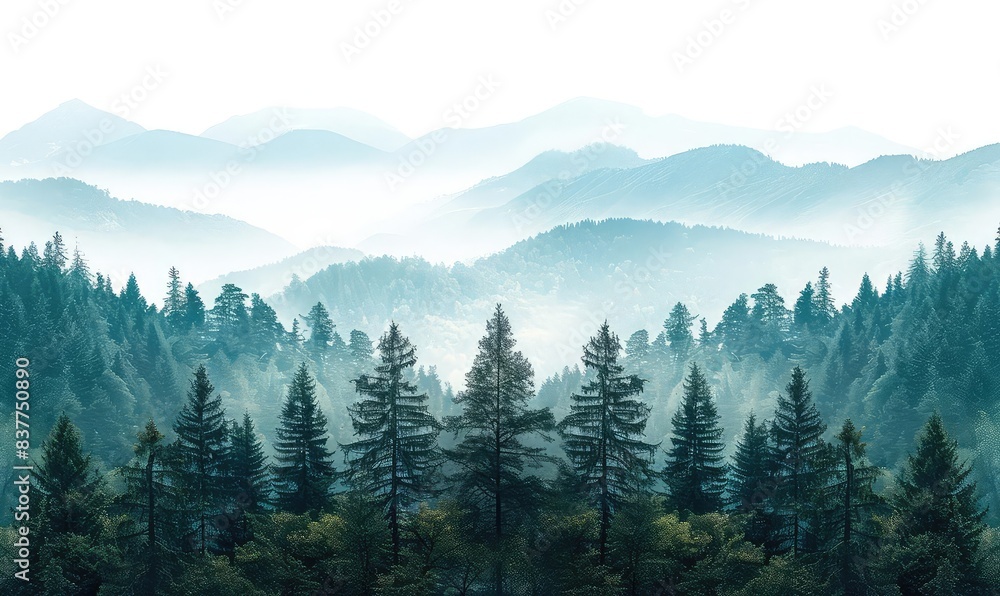 Majestic mountains, dense forest, clear sky close up, focus on, copy space, vibrant greens, Double exposure silhouette with pine trees Majestic mountains, dense forest, clear sky close up, focus on, copy space, vibrant greens, Double exposure silhouette with pine trees