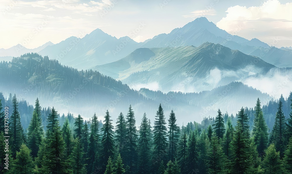 Majestic mountains, dense forest, clear sky close up, focus on, copy space, vibrant greens, Double exposure silhouette with pine trees Majestic mountains, dense forest, clear sky close up, focus on, copy space, vibrant greens, Double exposure silhouette with pine trees