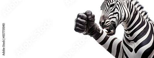 Anthropomorphic Muscular Zebra Fist Pumping on White Background