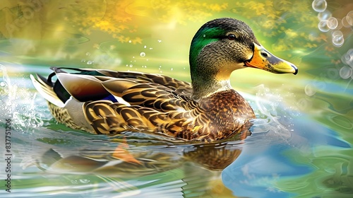 Colorful Drake Duck Swimming on Calm Pond with Reflections in Nature photo