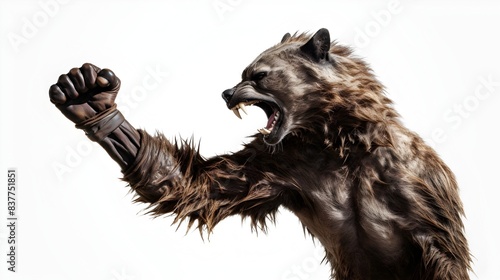 Fierce Anthropomorphic Hyena Fist Pumping in Fighting Pose on White Background