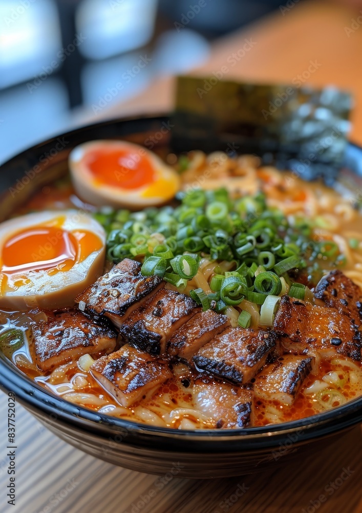 Ramen - Bowl of ramen with rich broth, sliced pork, soft-boiled egg, nori, and green onions. Ramen - Bowl of ramen with rich broth, sliced pork, soft-boiled egg, nori, and green onions.