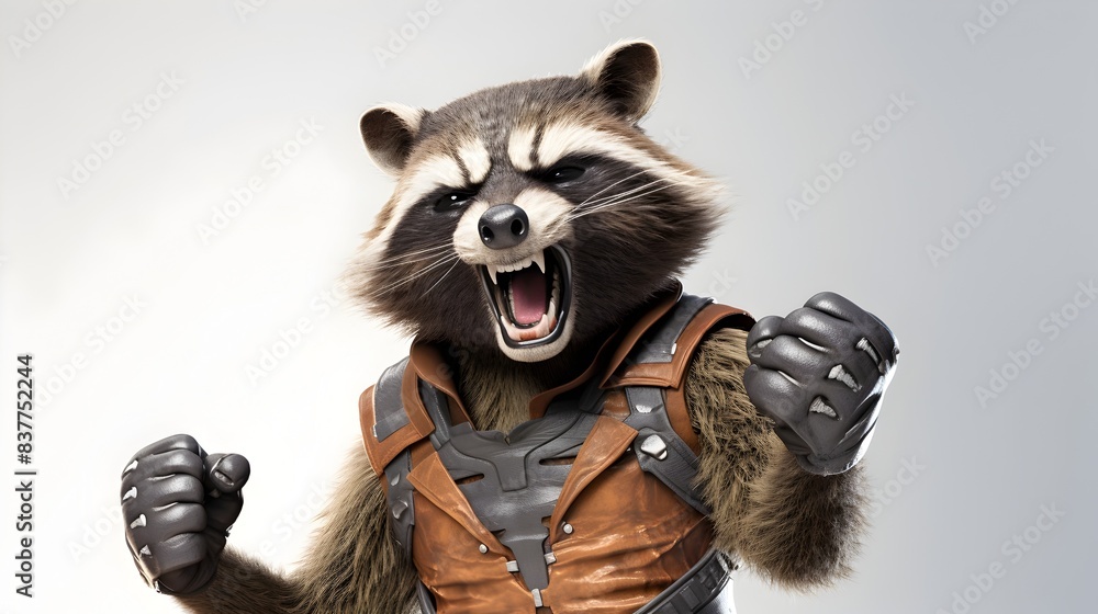 Fierce Anthropomorphic Muscle Raccoon Fist Pumping in Studio Photo Fierce Anthropomorphic Muscle Raccoon Fist Pumping in Studio Photo