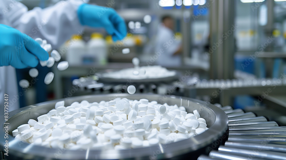 Pharmaceutical Factory Producing White Tablets on Production Line Pharmaceutical Factory Producing White Tablets on Production Line