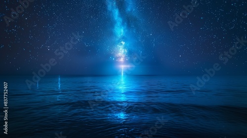 Stunning night sky over ocean with bright star and reflection on water serene atmosphere