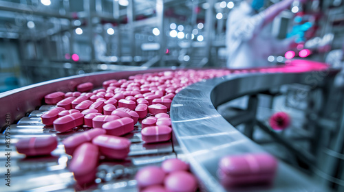 Pink Pils Bulk Manufacturing of Pharmaceuticals in Modern Factory Setting © PixelCharm