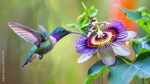 A hummingbird hovers in front of a passionflower, its long beak probing the flower's nectar.