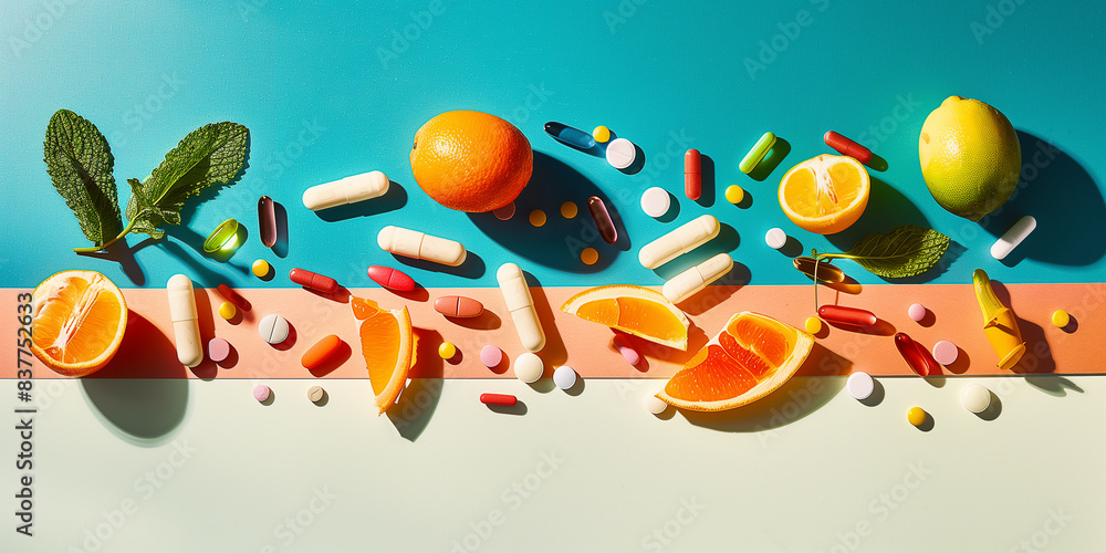 Vitamin Tabletten und frisches Obst auf dem Tisch. Bunter Hintergrund. Healthcare Produkte. Vitamin Tabletten und frisches Obst auf dem Tisch. Bunter Hintergrund. Healthcare Produkte.