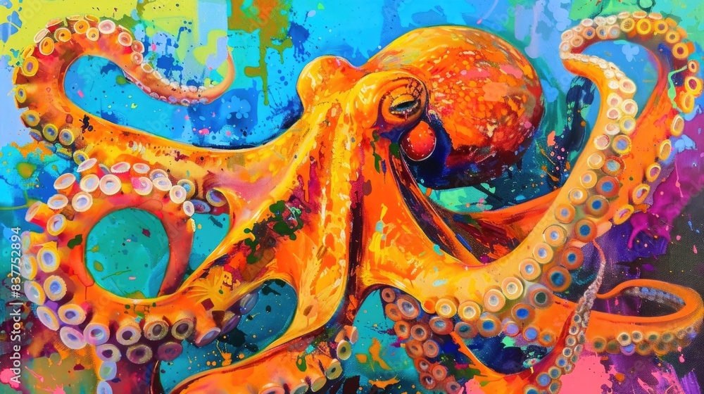 Fototapeta premium Colorful oil color painting of an orange octopus on a colorful background