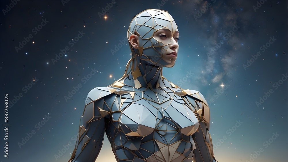 Fototapeta premium A breathtaking visual of a low-polygonal human form constructed from celestial elements, including points, lines, and star-shaped structures, set against the vastness of space.