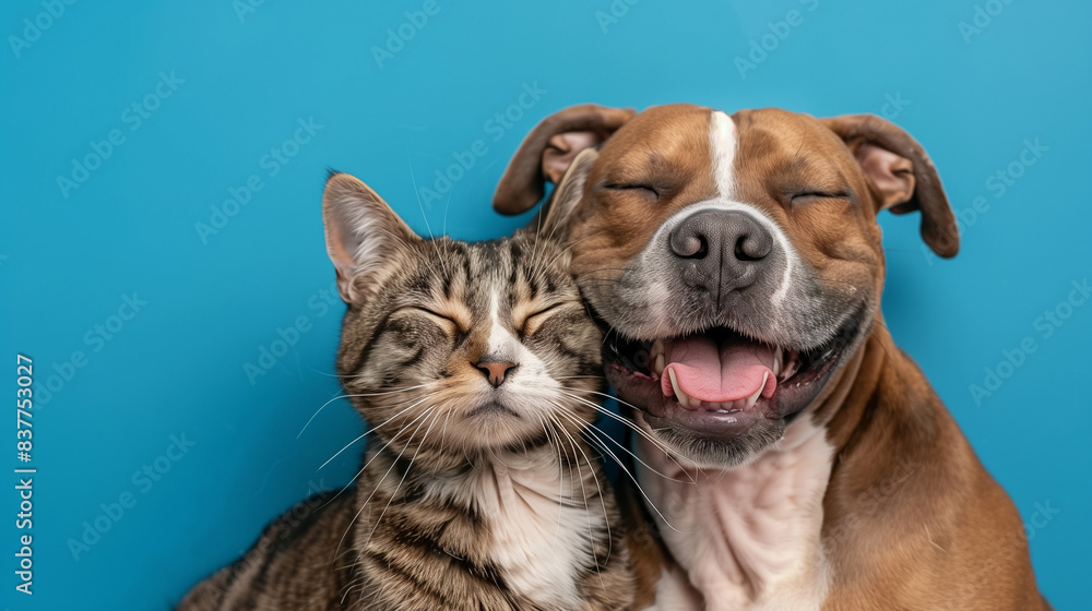 Close Up of Happy Dog and Cat Together on Blue Background