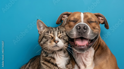 Close Up of Happy Dog and Cat Together on Blue Background