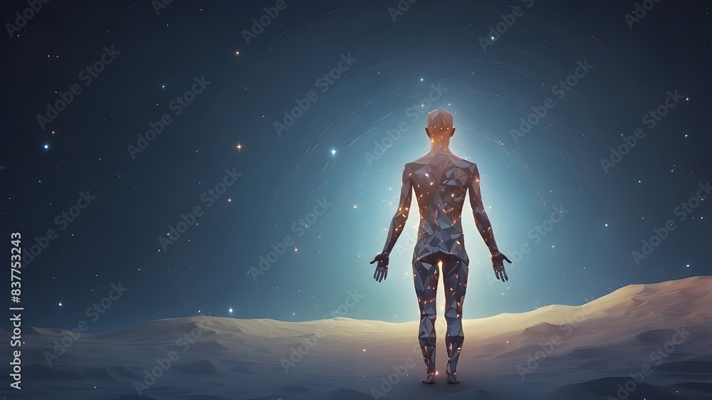 An intriguing visual featuring a low-polygonal human body outline composed of points, lines, and star-shaped formations, resembling a celestial being in a vast, starry expanse. An intriguing visual featuring a low-polygonal human body outline composed of points, lines, and star-shaped formations, resembling a celestial being in a vast, starry expanse.