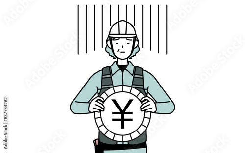 為替差損や円安のイメージ、ヘルメットと作業着姿のシニア女性技師