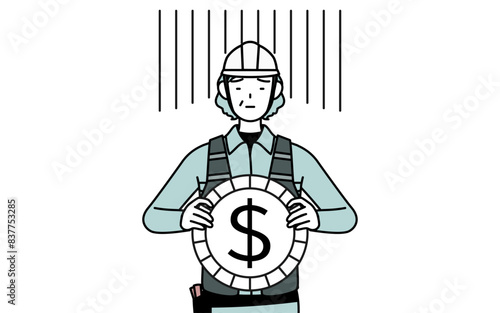 為替差損やドル安のイメージ、ヘルメットと作業着姿のシニア女性技師