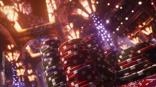 1. Visualize a dramatic low-angle perspective of towering stacks of poker chips, rising like skyscrapers against the backdrop of the gaming table.