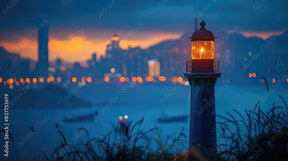 Modern lighthouse, twilight, city skyline in background close up, focus on, copy space Double exposure silhouette with urban coast Modern lighthouse, twilight, city skyline in background close up, focus on, copy space Double exposure silhouette with urban coast