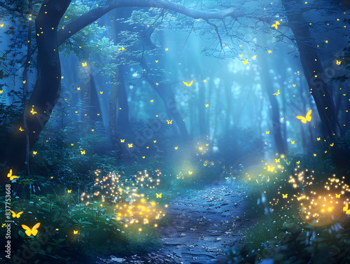 Mystical fireflies dance among the trees, casting a mesmerizing glow in the enchanted forest.
