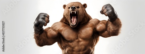 Muscular Anthropomorphic Bear Fist Pumping in Fighting Stance on White Background