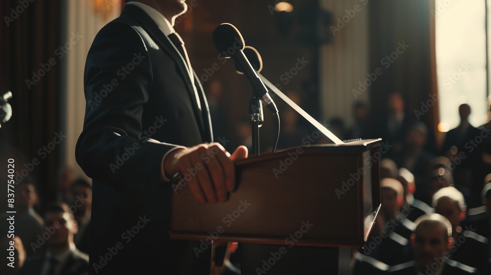 Obraz premium Close-up of Businessman Giving Speech at Podium with Microphones, Focus on Hands Holding Pulpit, Audience in Blurred Background
