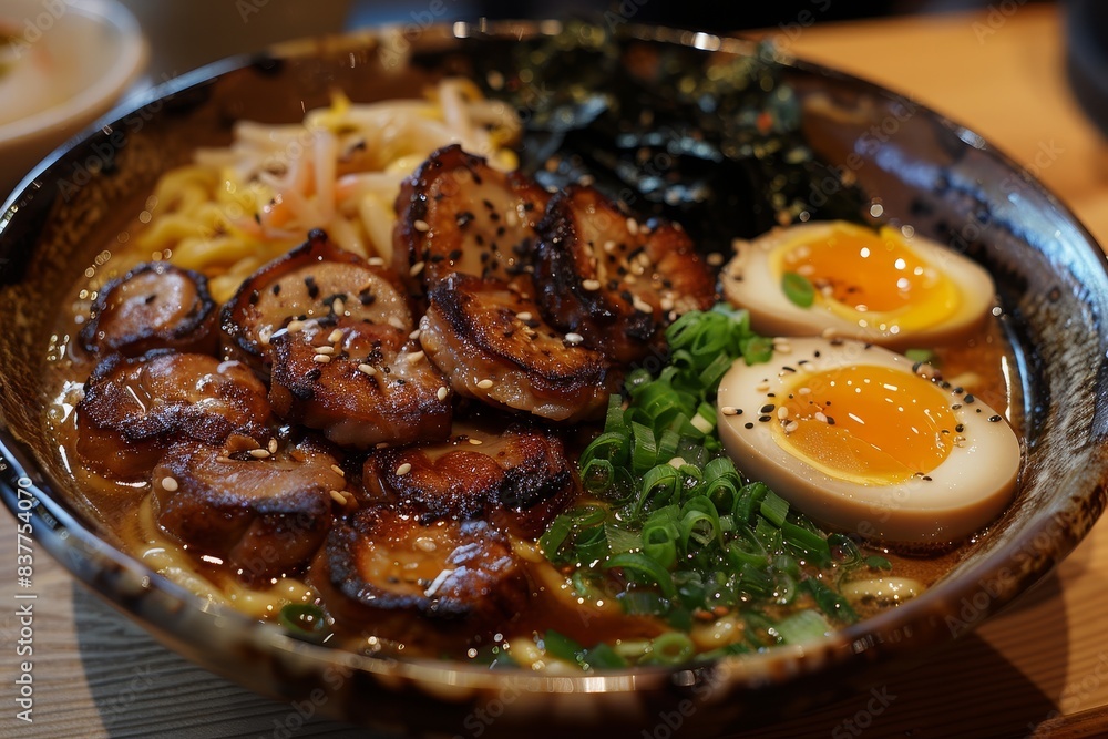 Ramen - Bowl of ramen with rich broth, sliced pork, soft-boiled egg, nori, and green onions. Ramen - Bowl of ramen with rich broth, sliced pork, soft-boiled egg, nori, and green onions.