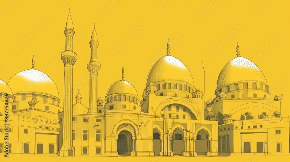 Fototapeta premium Muslim Islamic New Year, religious event. Graphic illustration. Bathed mosques. AI generated.