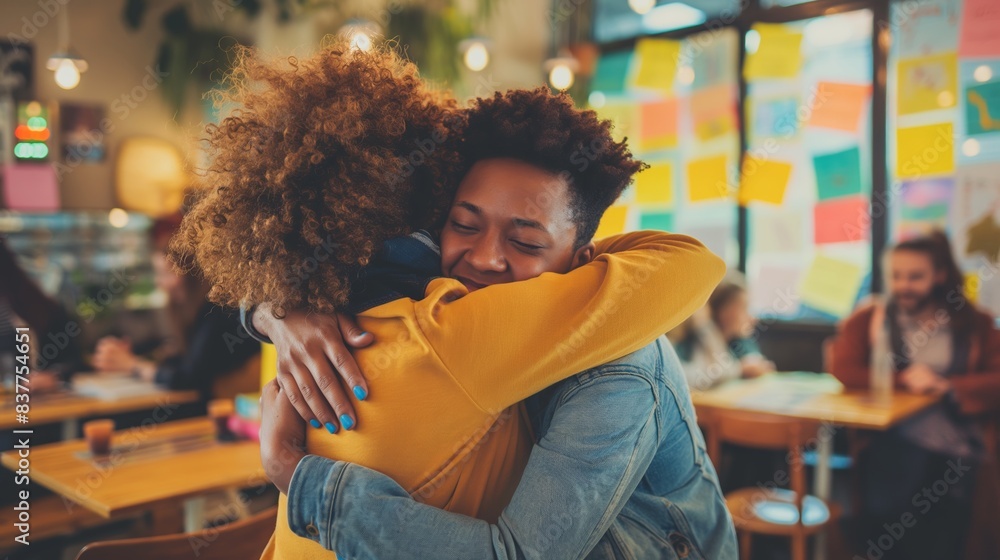Two friends express their affection with a genuine, heartwarming embrace in a busy cafe Two friends express their affection with a genuine, heartwarming embrace in a busy cafe