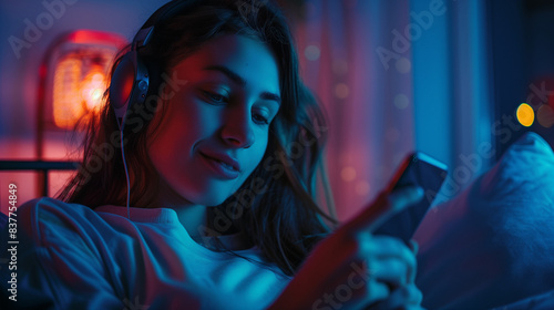 Young Woman Relaxing and Listening to Music with Headphones