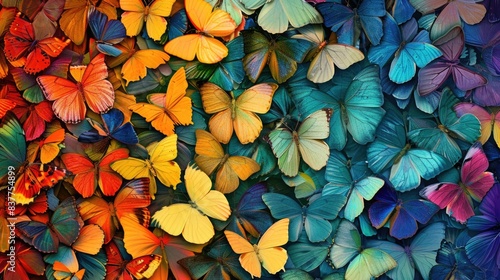 Colors of rainbow. Pattern of multicolored butterflies morpho, texture background